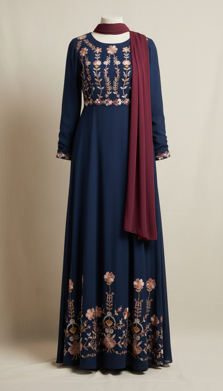 Midnight Blue Maxi Dress with Floral Embroidery