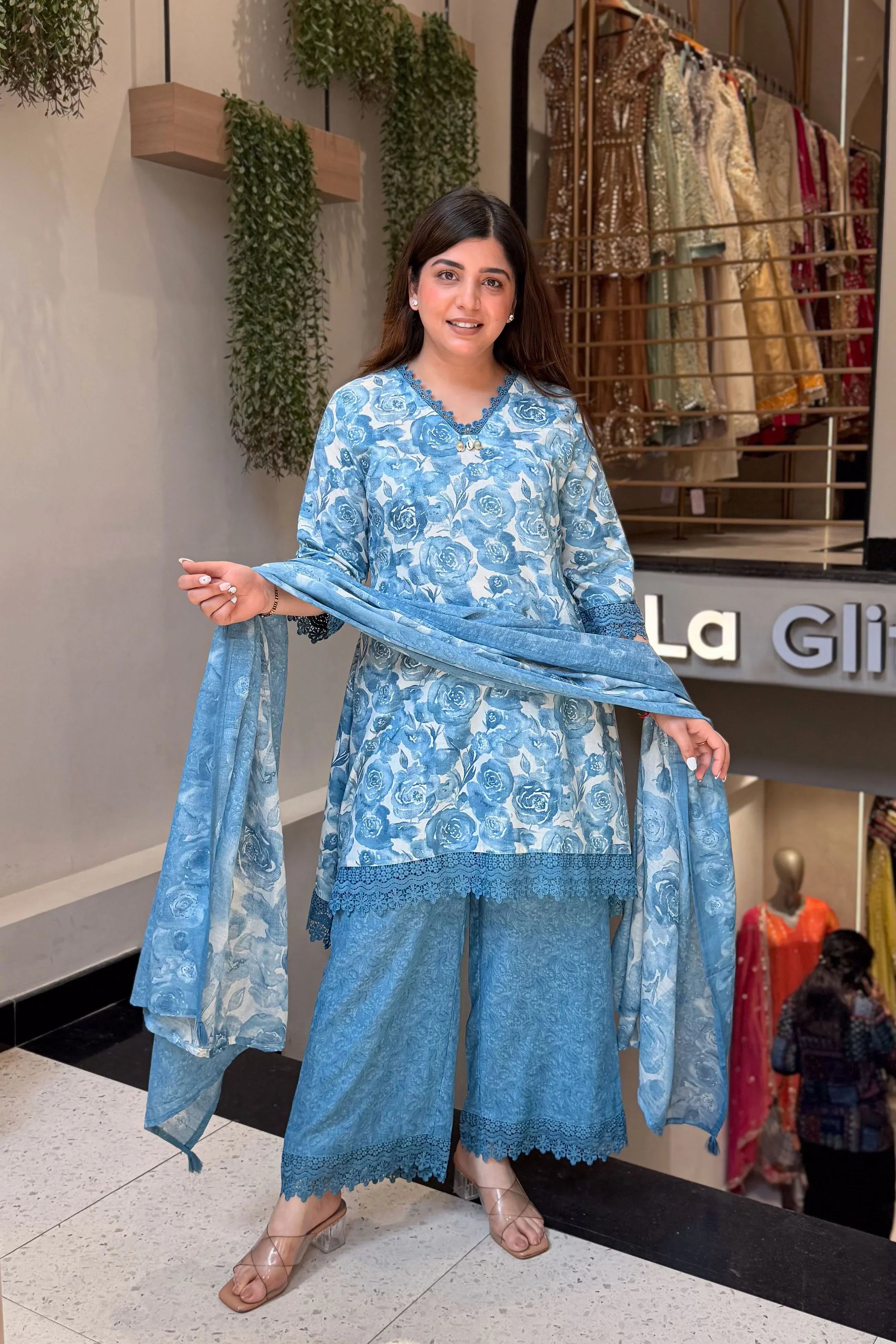 Elegant Floral Printed Kurta Palazzo Set with Dupatta for Stylish Festive & Ethnic Looks.