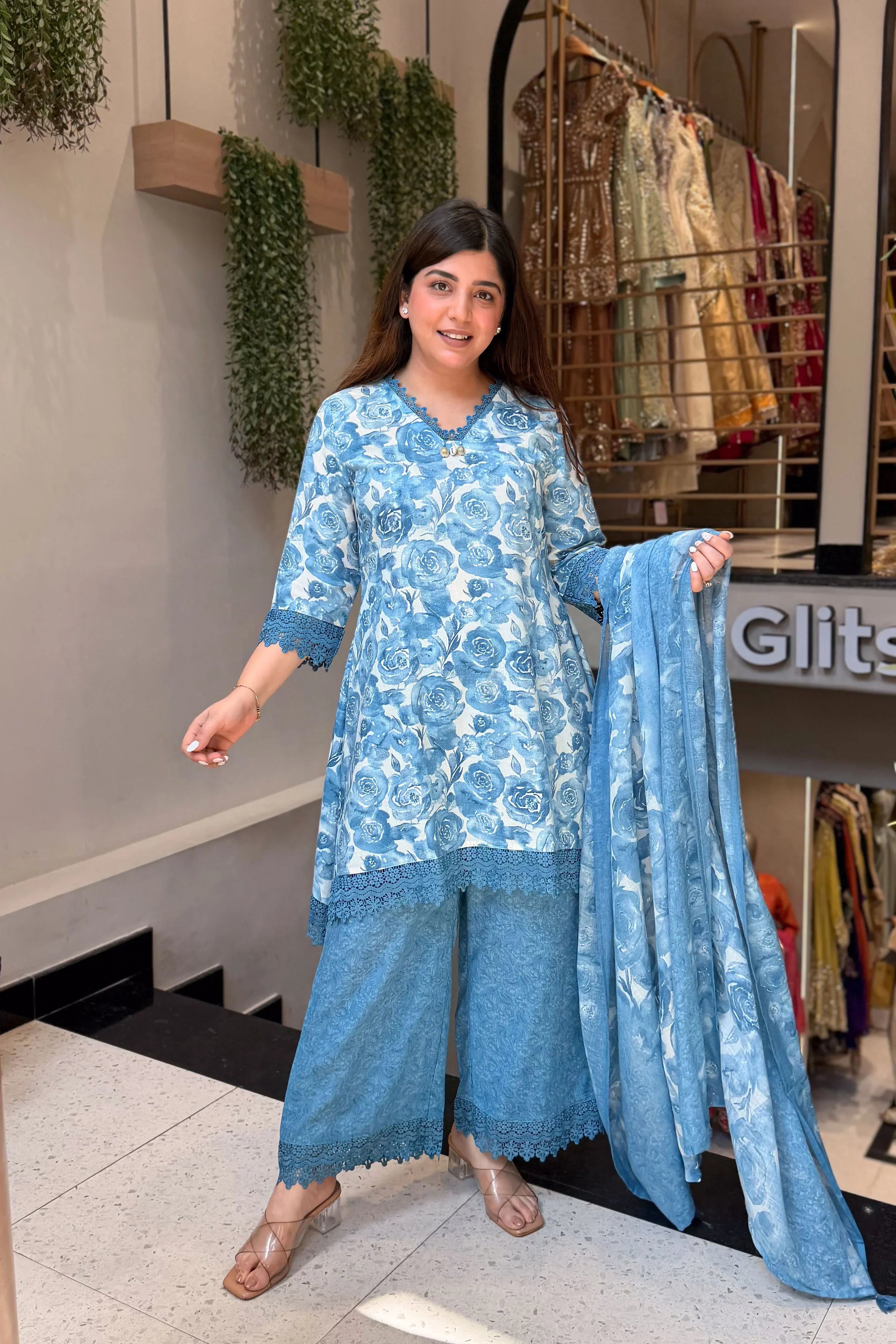Elegant Floral Printed Kurta Palazzo Set with Dupatta for Stylish Festive & Ethnic Looks.