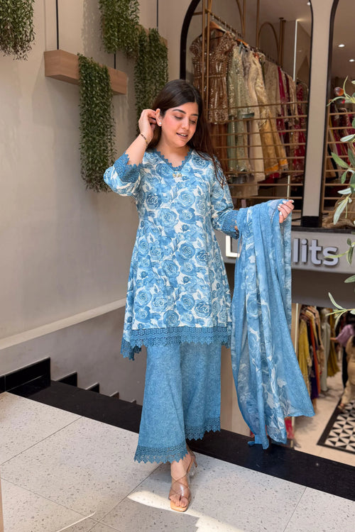 Elegant Floral Printed Kurta Palazzo Set with Dupatta for Stylish Festive & Ethnic Looks.