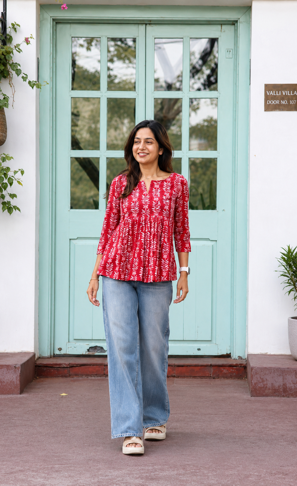 Women's Red Printed Cotton Peplum Top | 3/4 Sleeves | Round Neck Casual Ethnic Tunic for Daily Wear