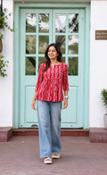 Women's Red Printed Cotton Peplum Top | 3/4 Sleeves | Round Neck Casual Ethnic Tunic for Daily Wear