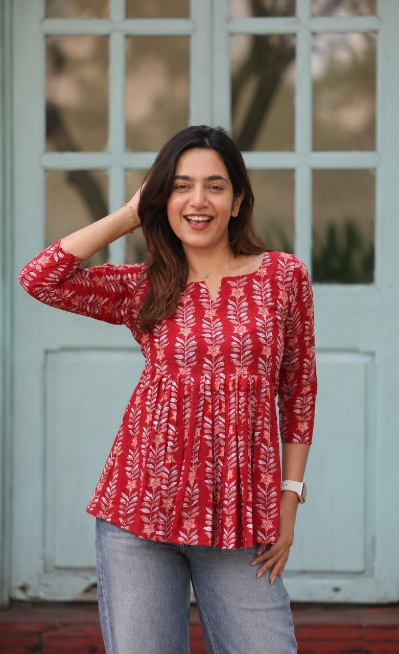 Women's Red Printed Cotton Peplum Top | 3/4 Sleeves | Round Neck Casual Ethnic Tunic for Daily Wear