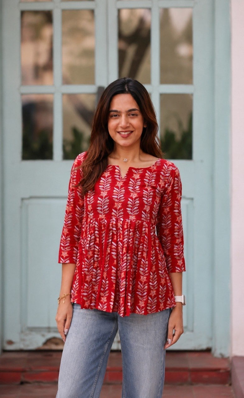 Women's Red Printed Cotton Peplum Top | 3/4 Sleeves | Round Neck Casual Ethnic Tunic for Daily Wear