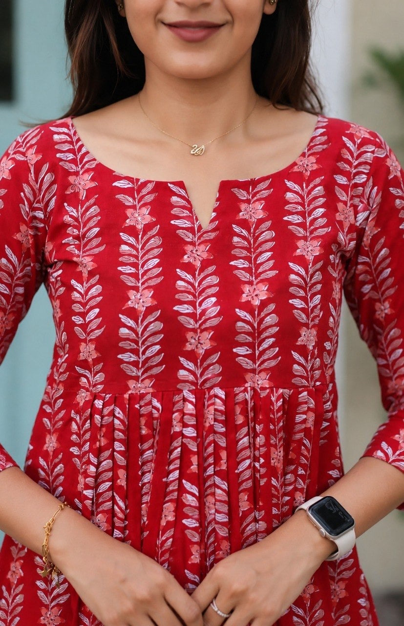 Women's Red Printed Cotton Peplum Top | 3/4 Sleeves | Round Neck Casual Ethnic Tunic for Daily Wear