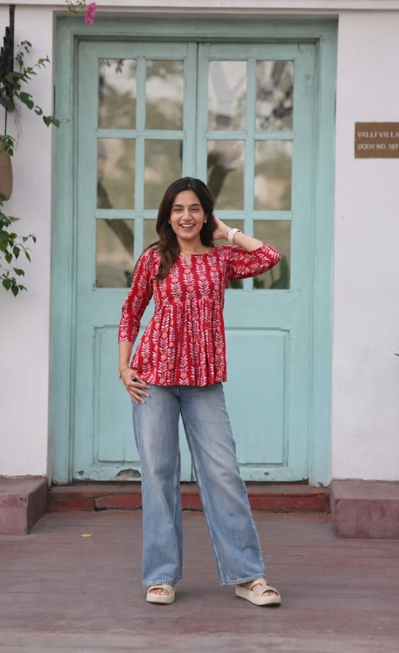 Women's Red Printed Cotton Peplum Top | 3/4 Sleeves | Round Neck Casual Ethnic Tunic for Daily Wear