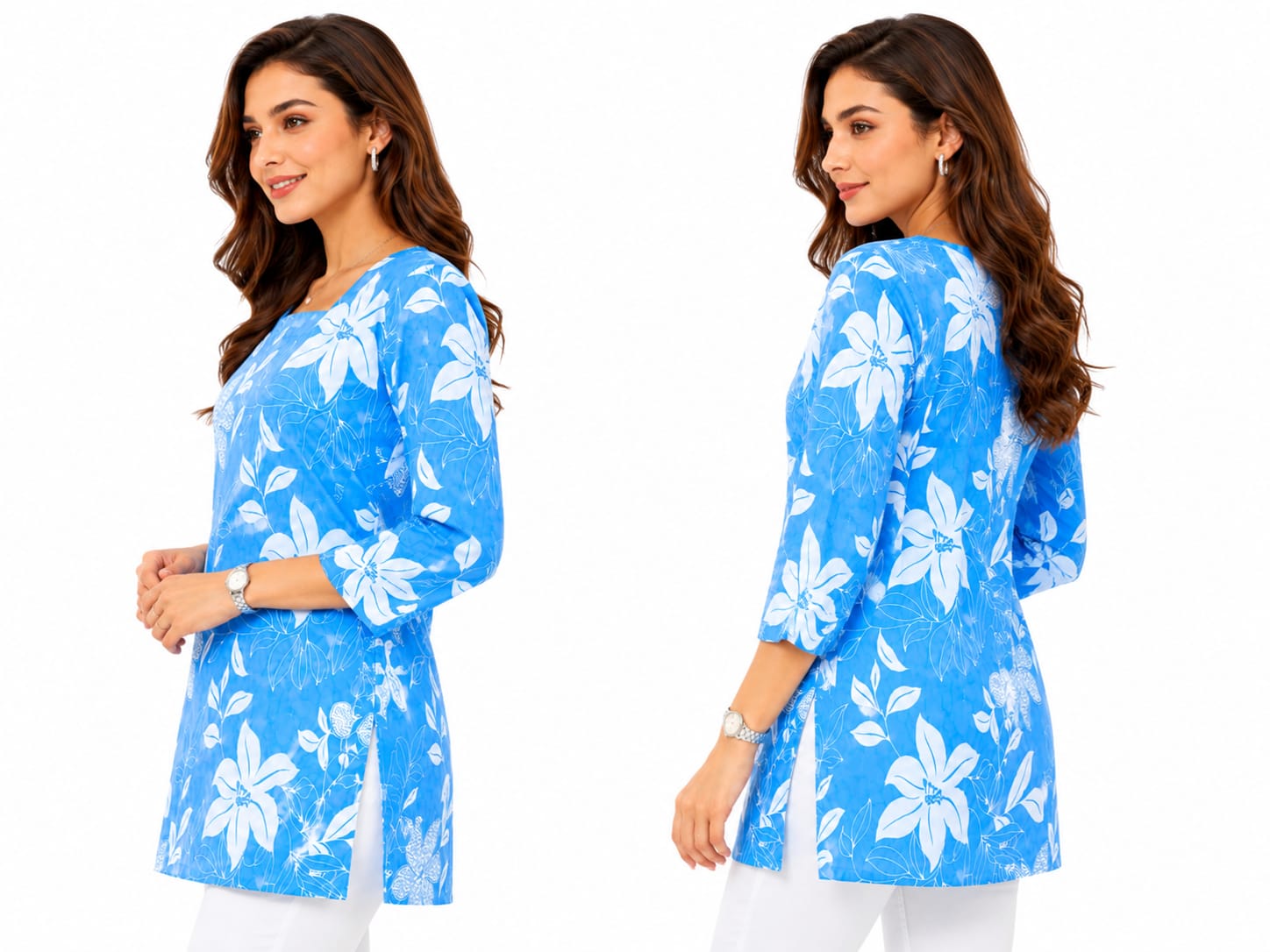 Women Floral Printed Regular Fit Blue Tunic Top