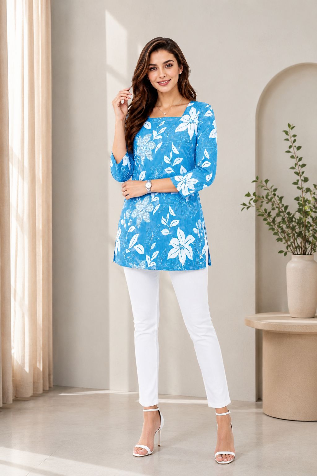 Women Floral Printed Regular Fit Blue Tunic Top