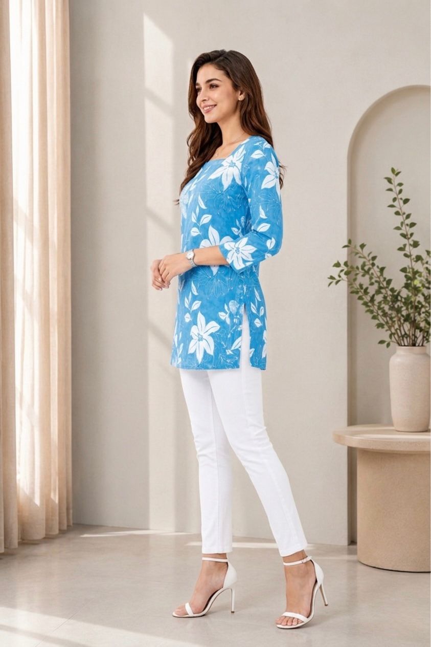 Women Floral Printed Regular Fit Blue Tunic Top