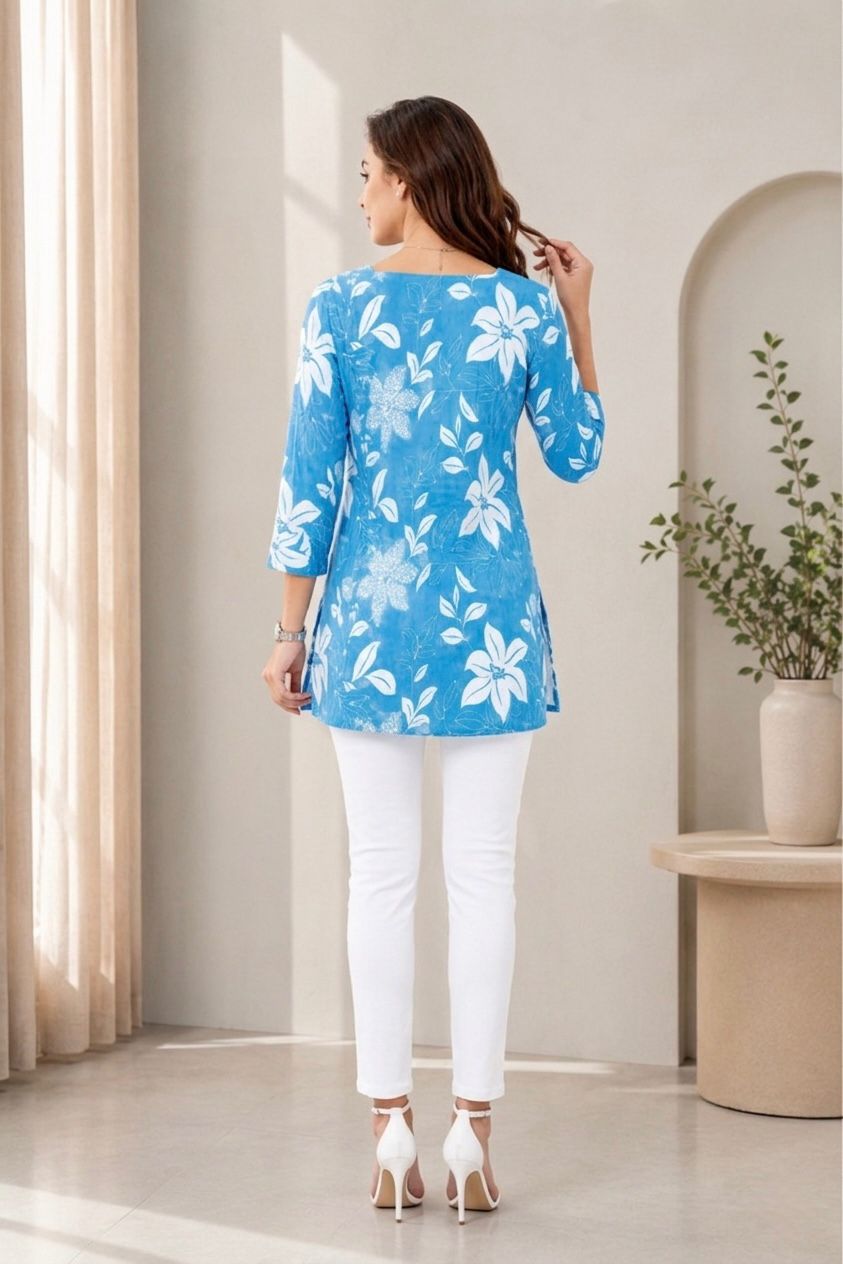 Women Floral Printed Regular Fit Blue Tunic Top