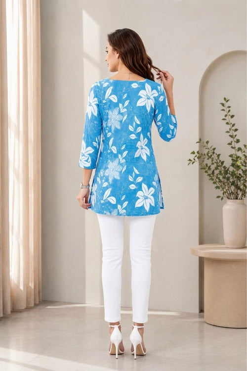 Women Floral Printed Regular Fit Blue Tunic Top