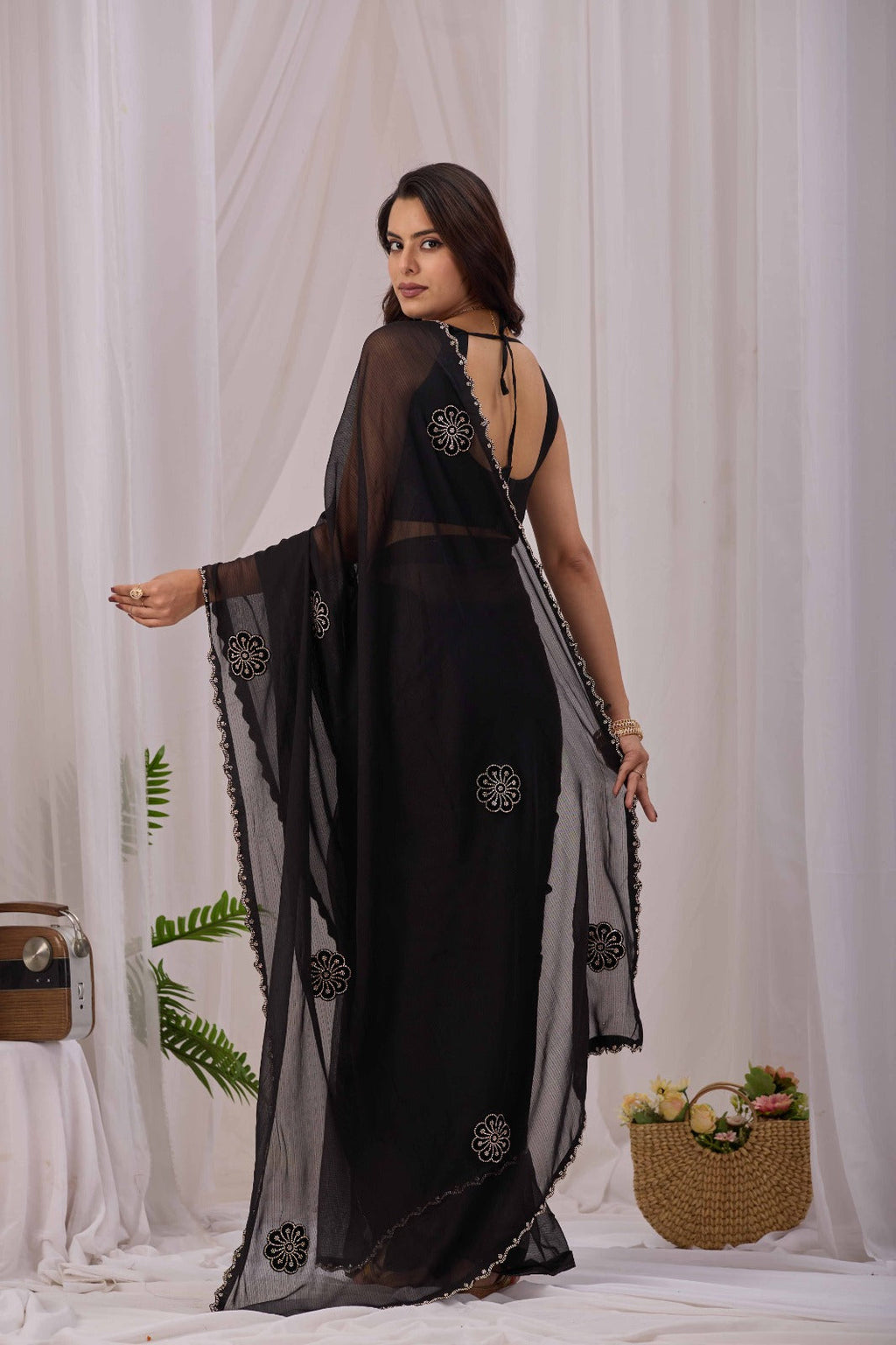 Women Black Embellished Saree | Elegant Party Wear Georgette Saree for Women | Designer Festive Saree