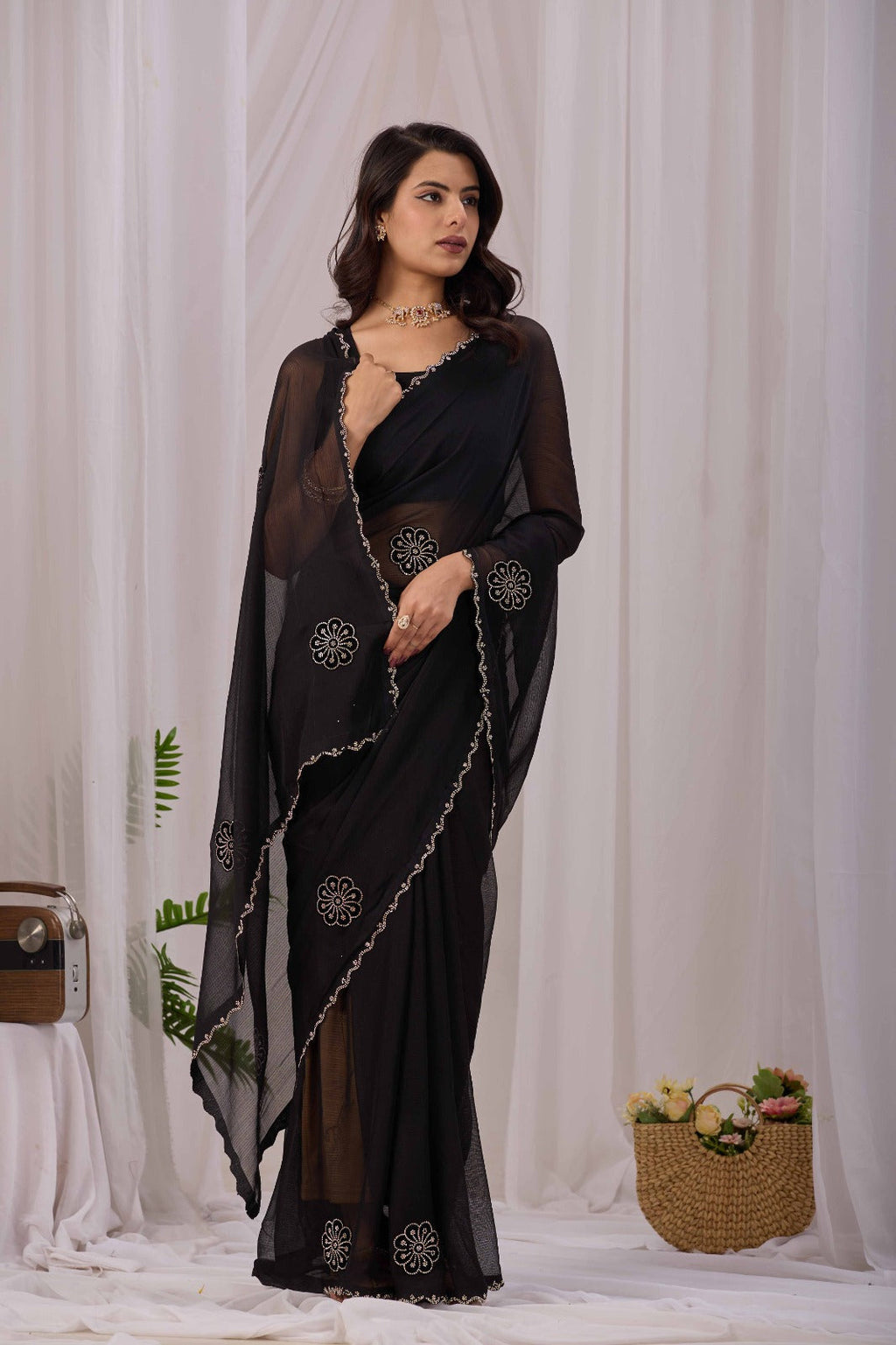Women Black Embellished Saree | Elegant Party Wear Georgette Saree for Women | Designer Festive Saree