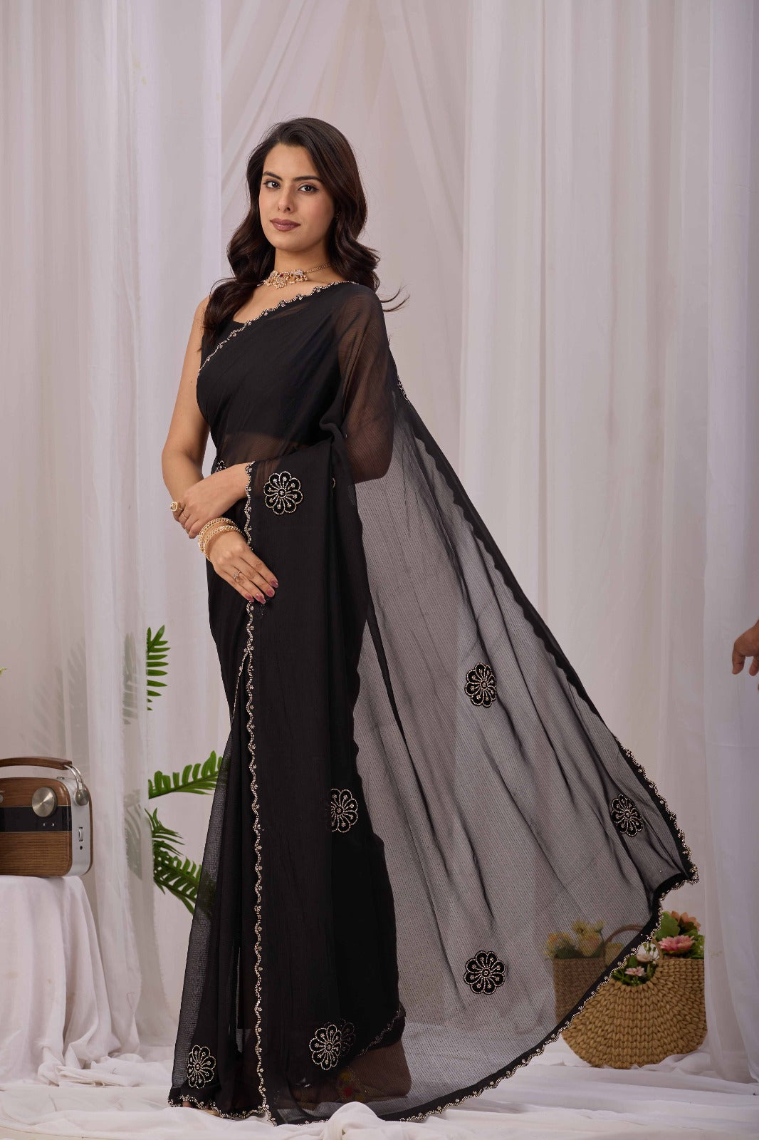 Women Black Embellished Saree | Elegant Party Wear Georgette Saree for Women | Designer Festive Saree