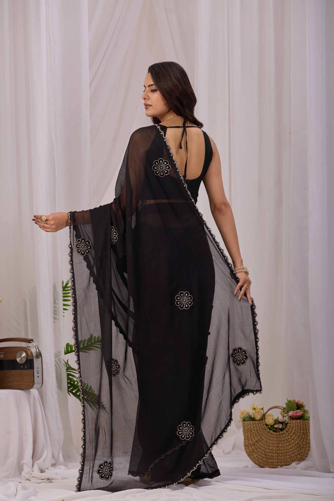 Women Black Embellished Saree | Elegant Party Wear Georgette Saree for Women | Designer Festive Saree
