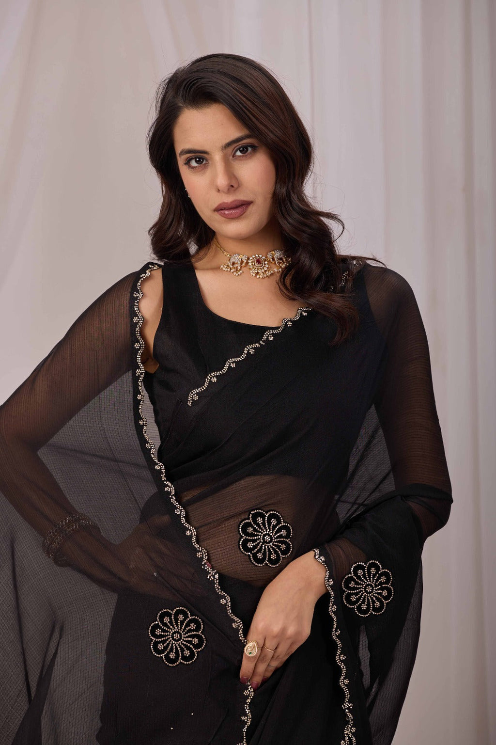 Women Black Embellished Saree | Elegant Party Wear Georgette Saree for Women | Designer Festive Saree