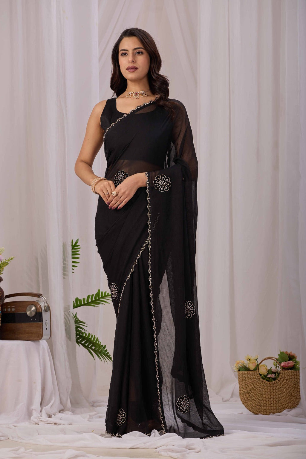 Women Black Embellished Saree | Elegant Party Wear Georgette Saree for Women | Designer Festive Saree