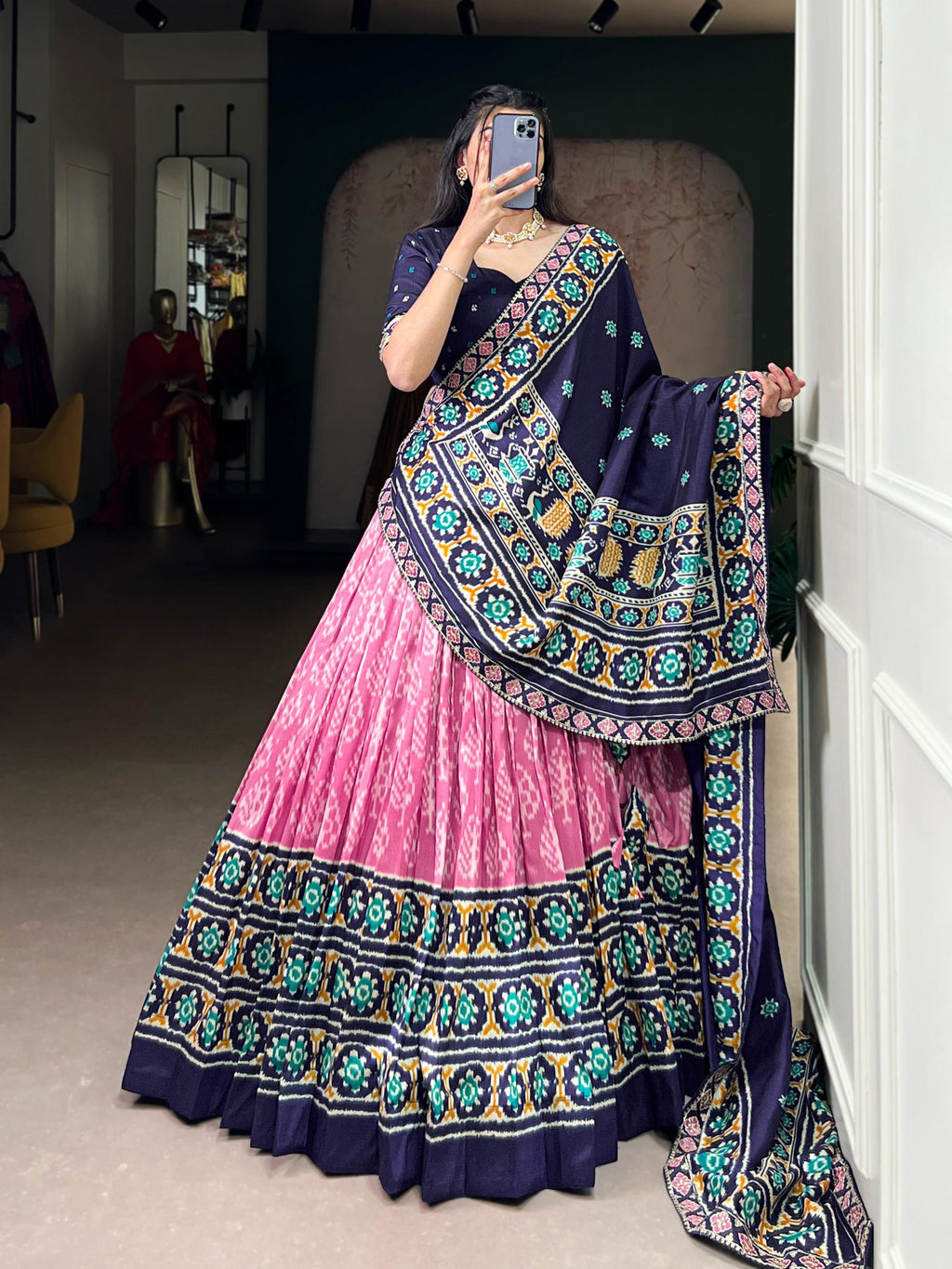 Women's Multicolour Traditional Patola Print Lehenga Choli with Maroon Blouse & Dupatta | Navratri Garba Dress