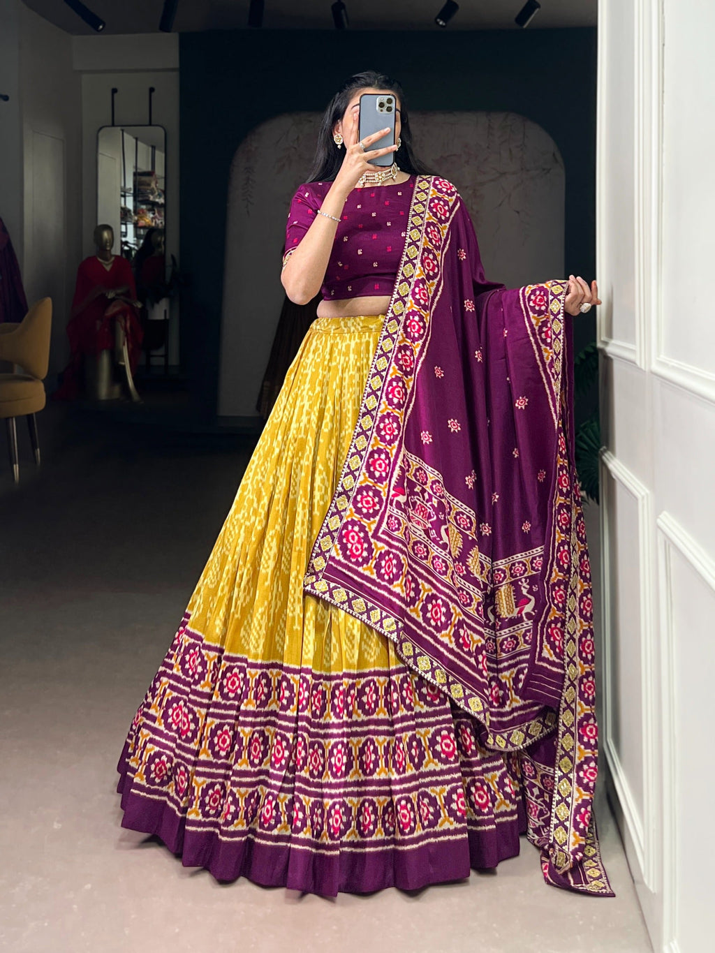 Women's Multicolour Traditional Patola Print Lehenga Choli with Maroon Blouse & Dupatta | Navratri Garba Dress