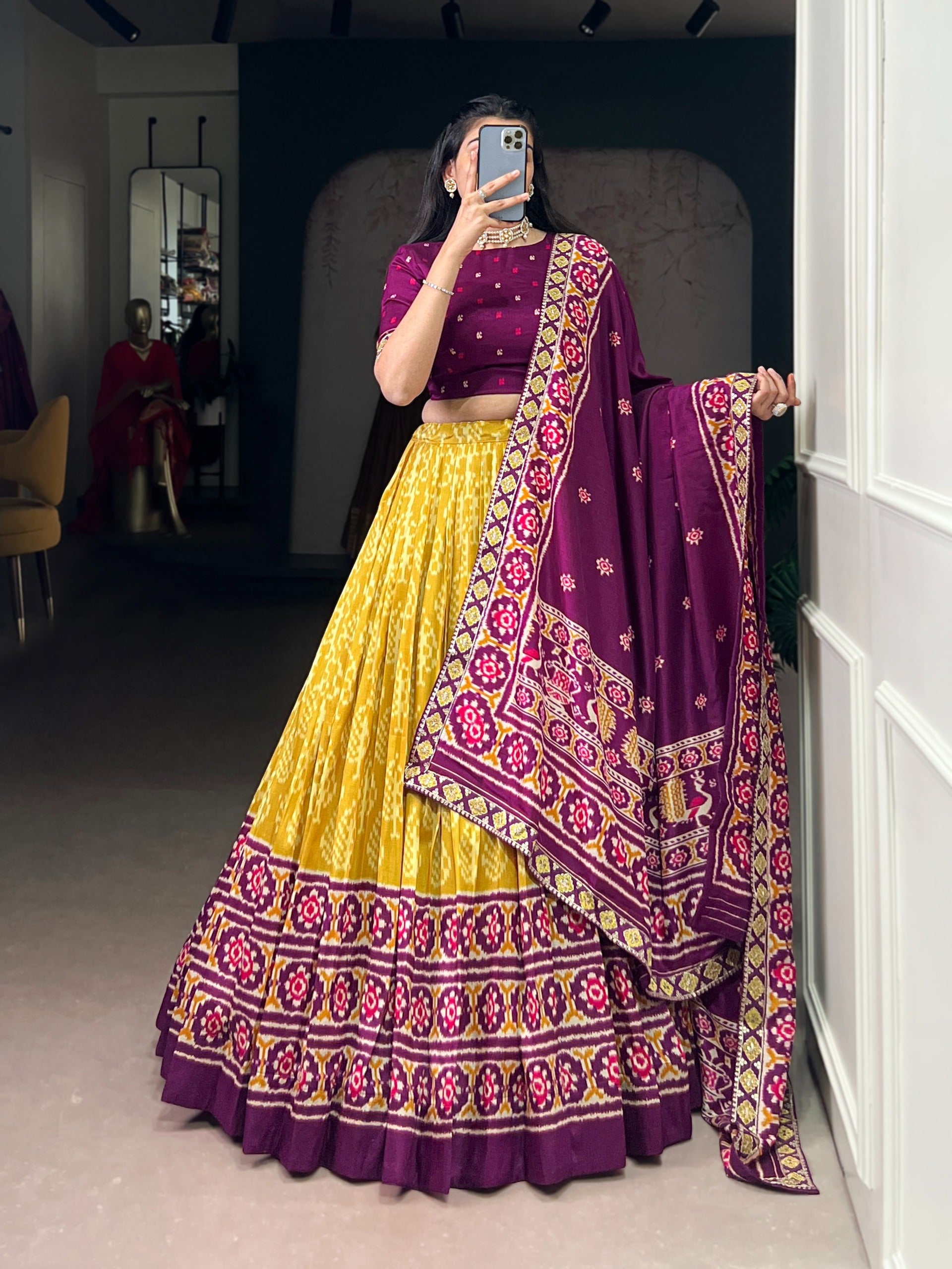 Women's Multicolour Traditional Patola Print Lehenga Choli with Maroon Blouse & Dupatta | Navratri Garba Dress