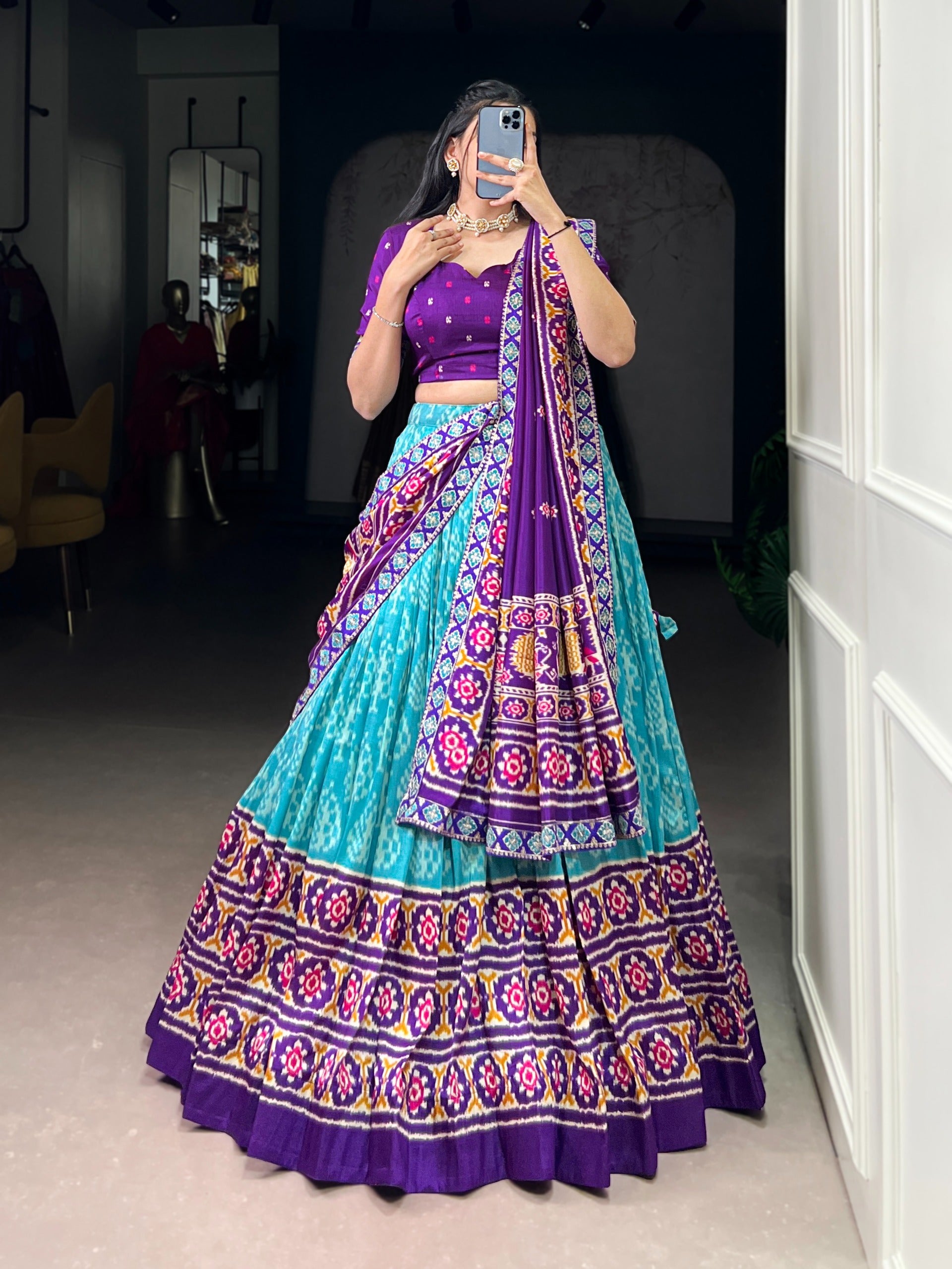 Women's Multicolour Traditional Patola Print Lehenga Choli with Maroon Blouse & Dupatta | Navratri Garba Dress