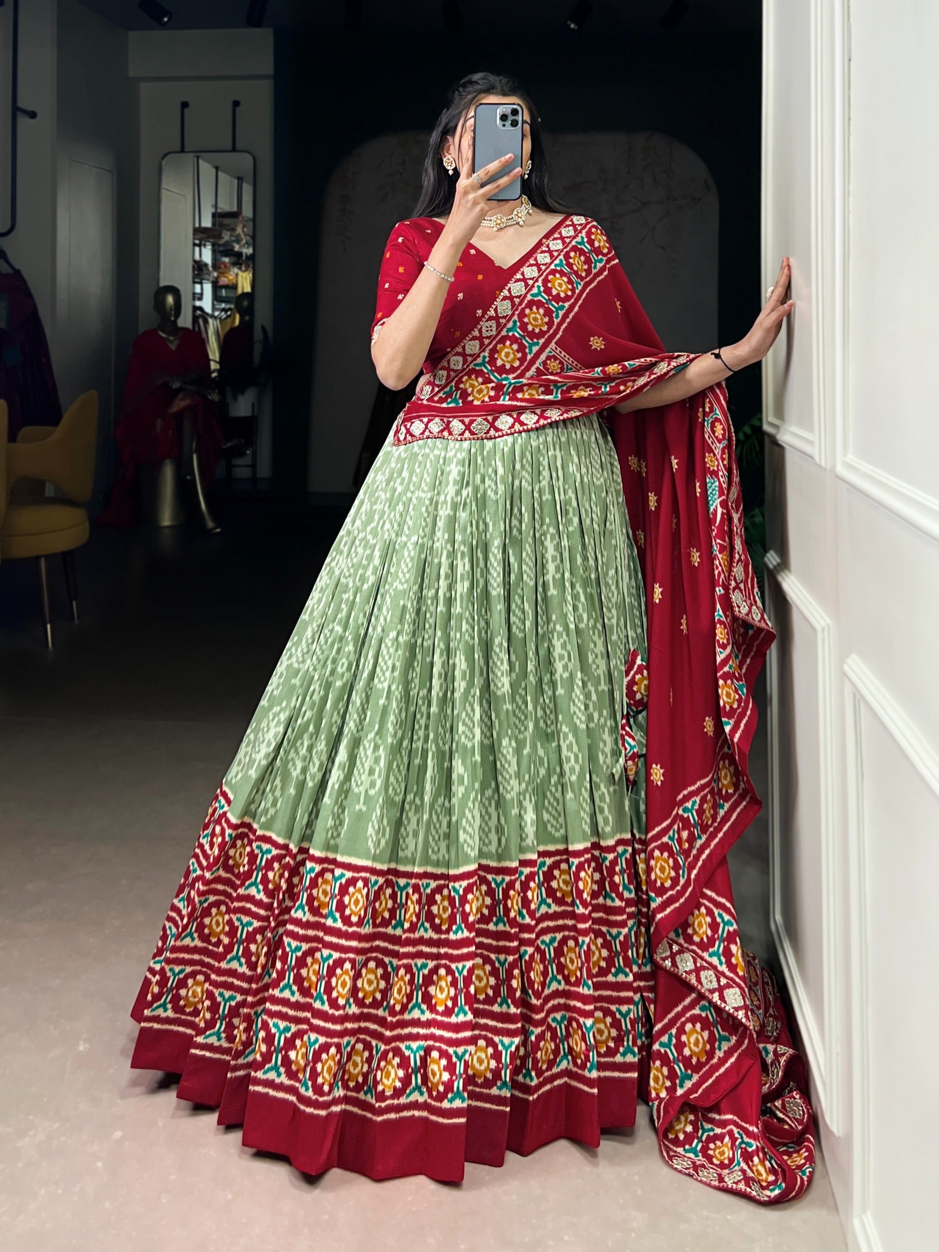 Women's Multicolour Traditional Patola Print Lehenga Choli with Maroon Blouse & Dupatta | Navratri Garba Dress
