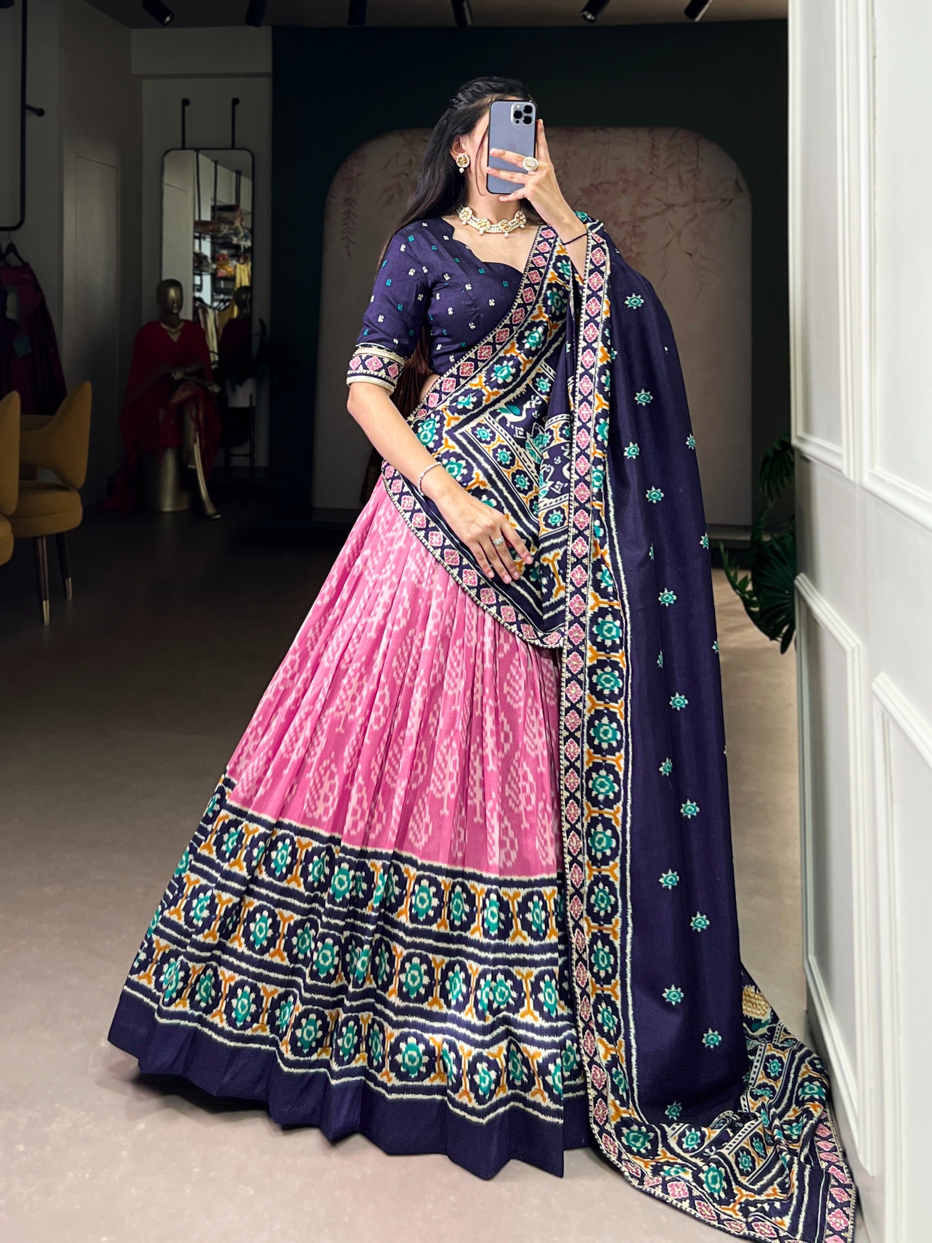 Women's Multicolour Traditional Patola Print Lehenga Choli with Maroon Blouse & Dupatta | Navratri Garba Dress