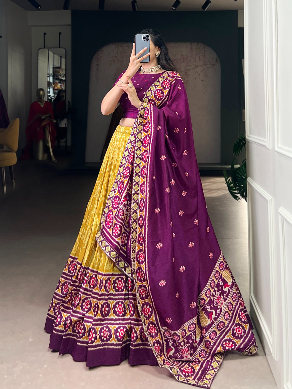 Women's Multicolour Traditional Patola Print Lehenga Choli with Maroon Blouse & Dupatta | Navratri Garba Dress