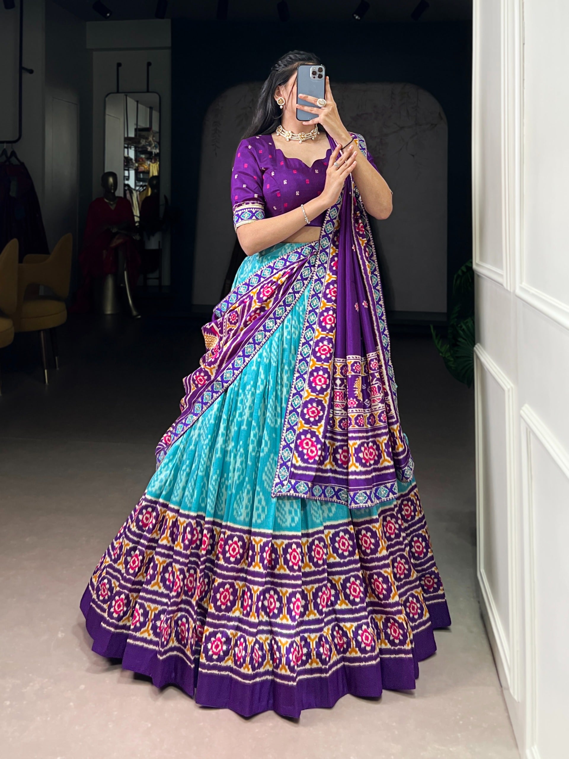 Women's Multicolour Traditional Patola Print Lehenga Choli with Maroon Blouse & Dupatta | Navratri Garba Dress