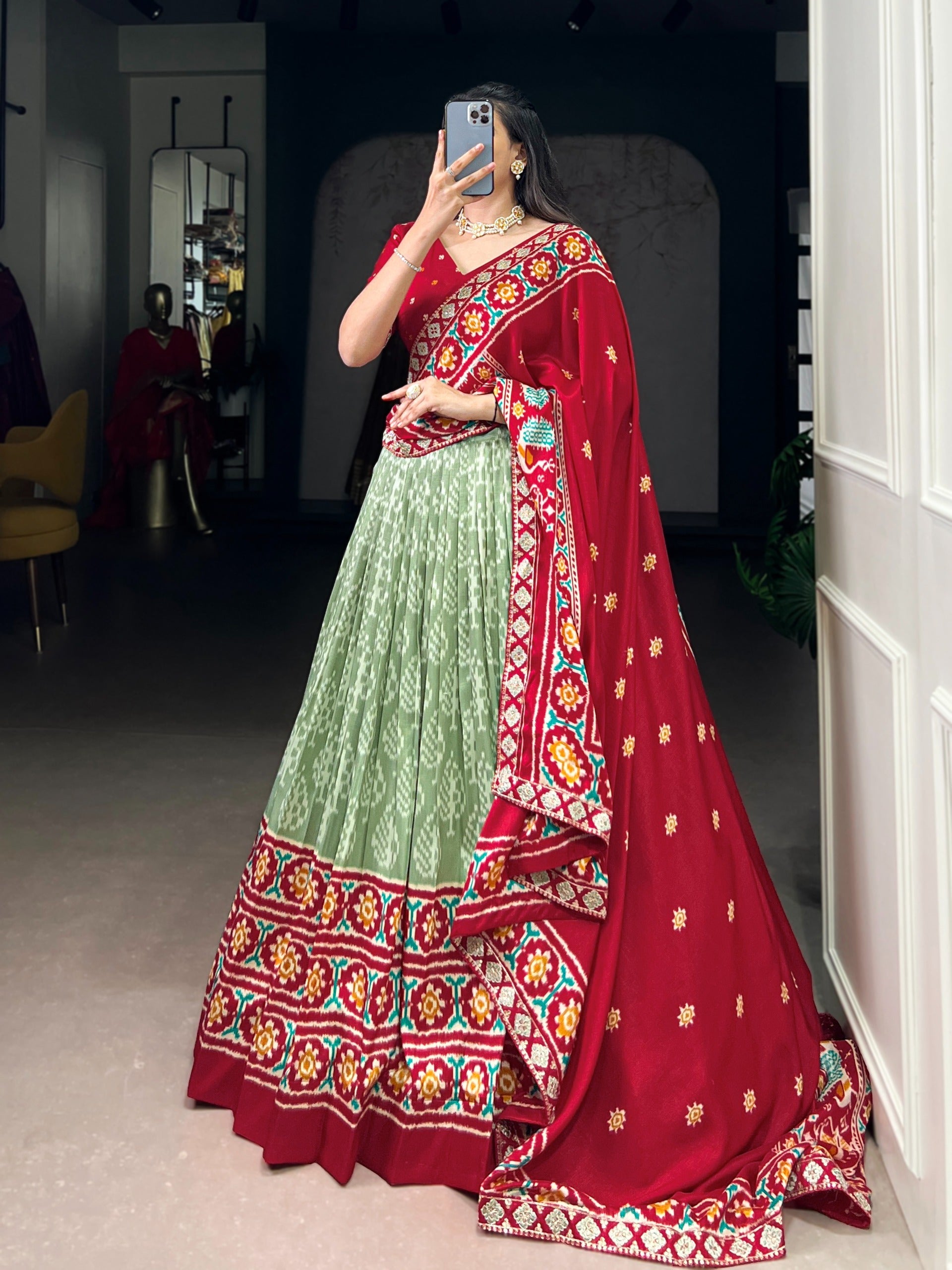 Women's Multicolour Traditional Patola Print Lehenga Choli with Maroon Blouse & Dupatta | Navratri Garba Dress