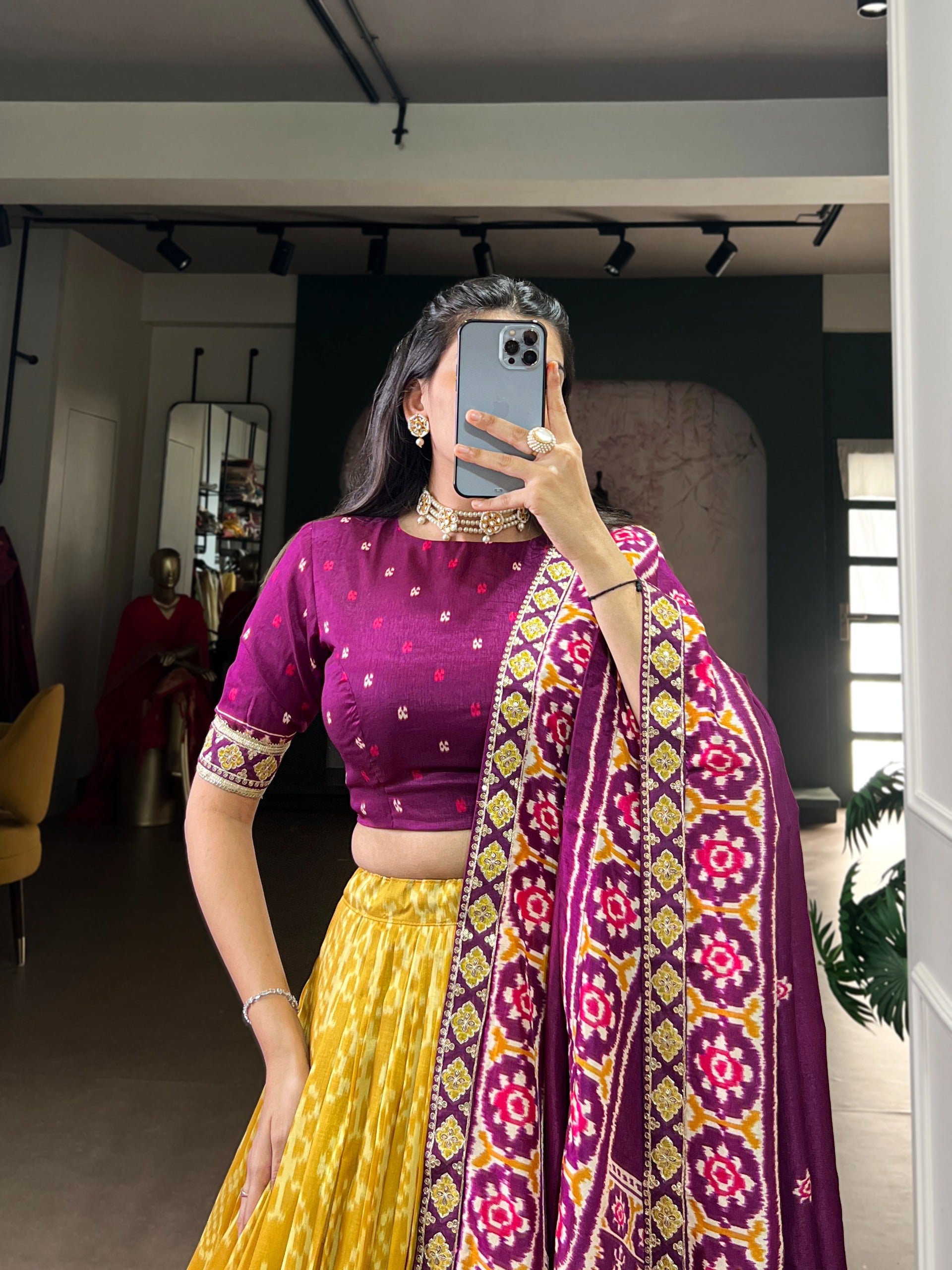 Women's Multicolour Traditional Patola Print Lehenga Choli with Maroon Blouse & Dupatta | Navratri Garba Dress