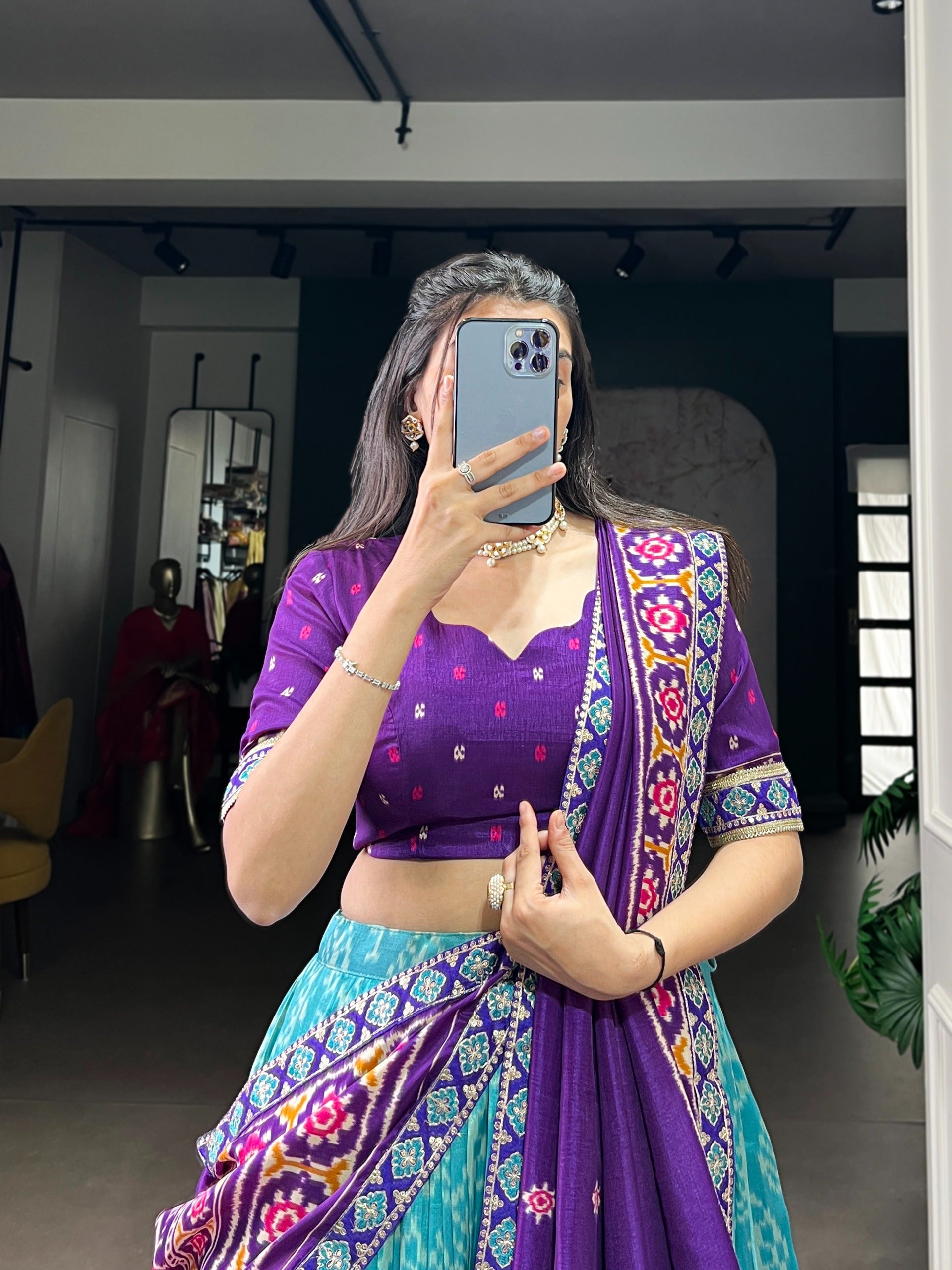 Women's Multicolour Traditional Patola Print Lehenga Choli with Maroon Blouse & Dupatta | Navratri Garba Dress