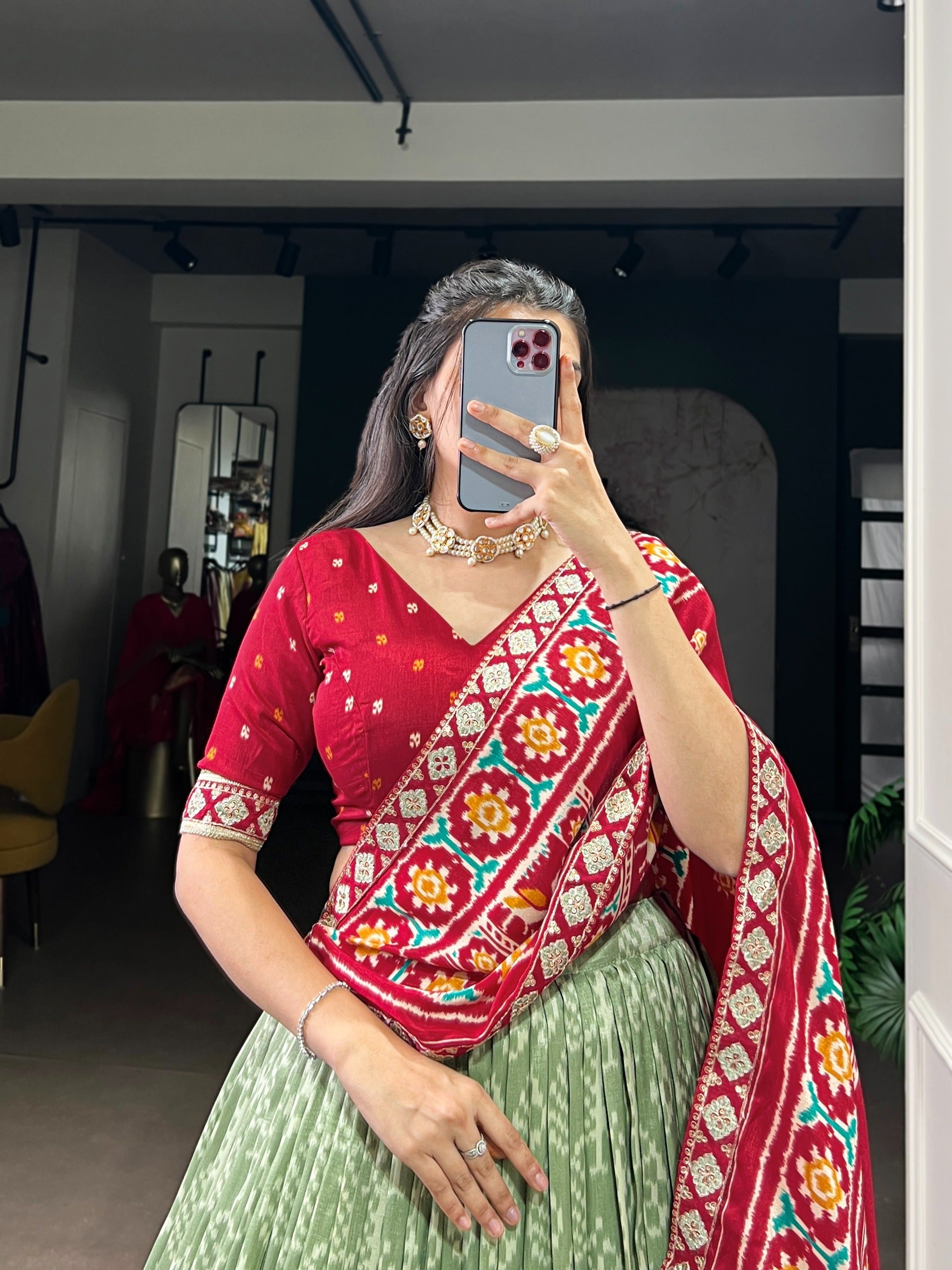 Women's Multicolour Traditional Patola Print Lehenga Choli with Maroon Blouse & Dupatta | Navratri Garba Dress
