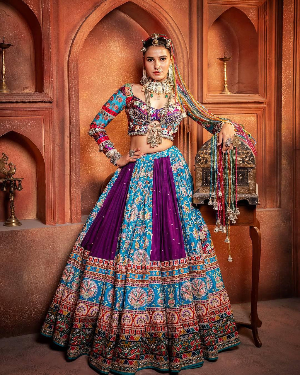 Women's Traditional Multicolor Printed Navratri Chaniya Choli with Heavy Embroidery & Mirror Work Lehenga Set