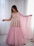 Women's Baby Pink Embroidered Peplum Kurti with Flared Sharara & Dupatta | Party Wear Ethnic Set