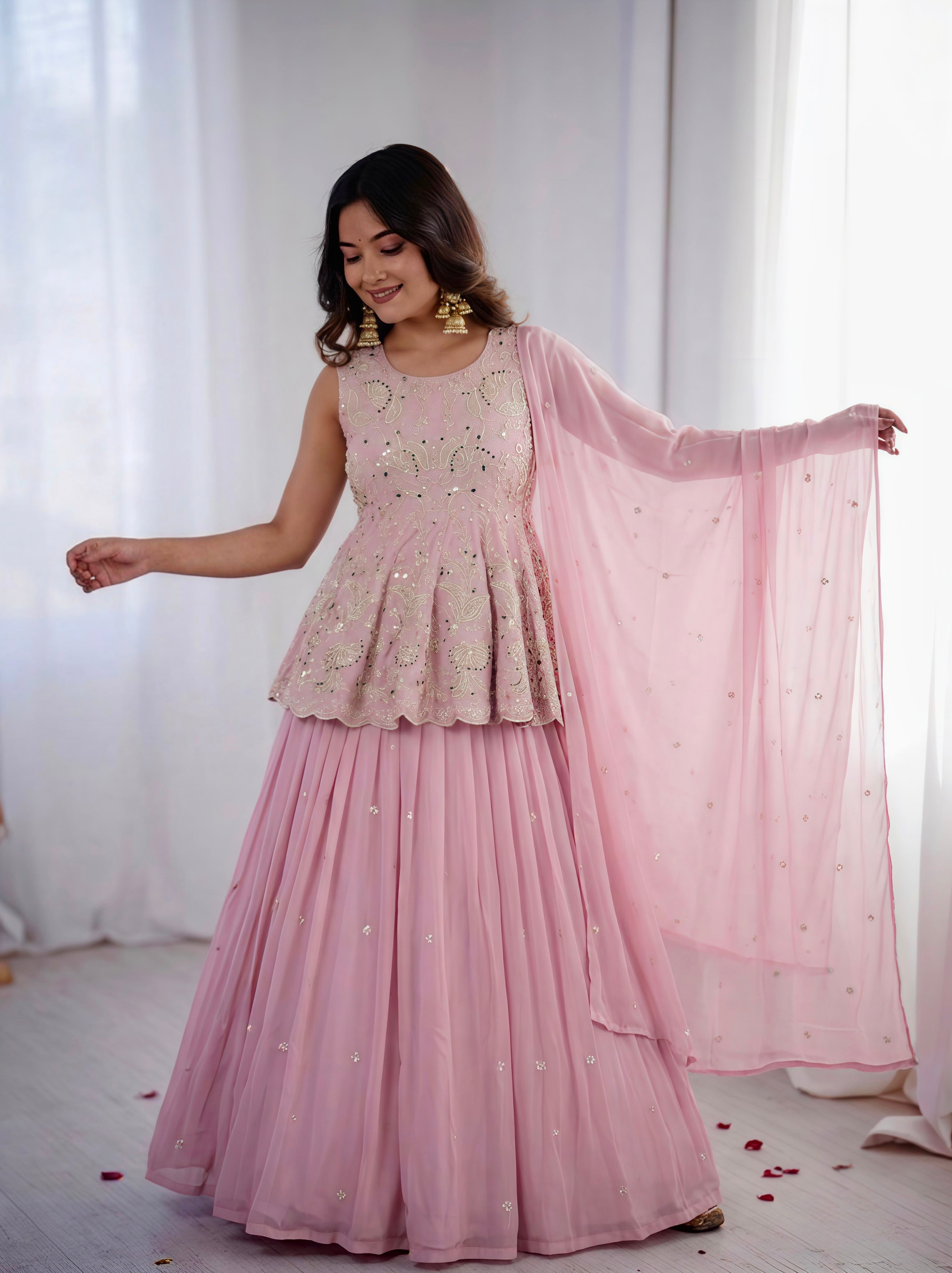 Women's Baby Pink Embroidered Peplum Kurti with Flared Sharara & Dupatta | Party Wear Ethnic Set