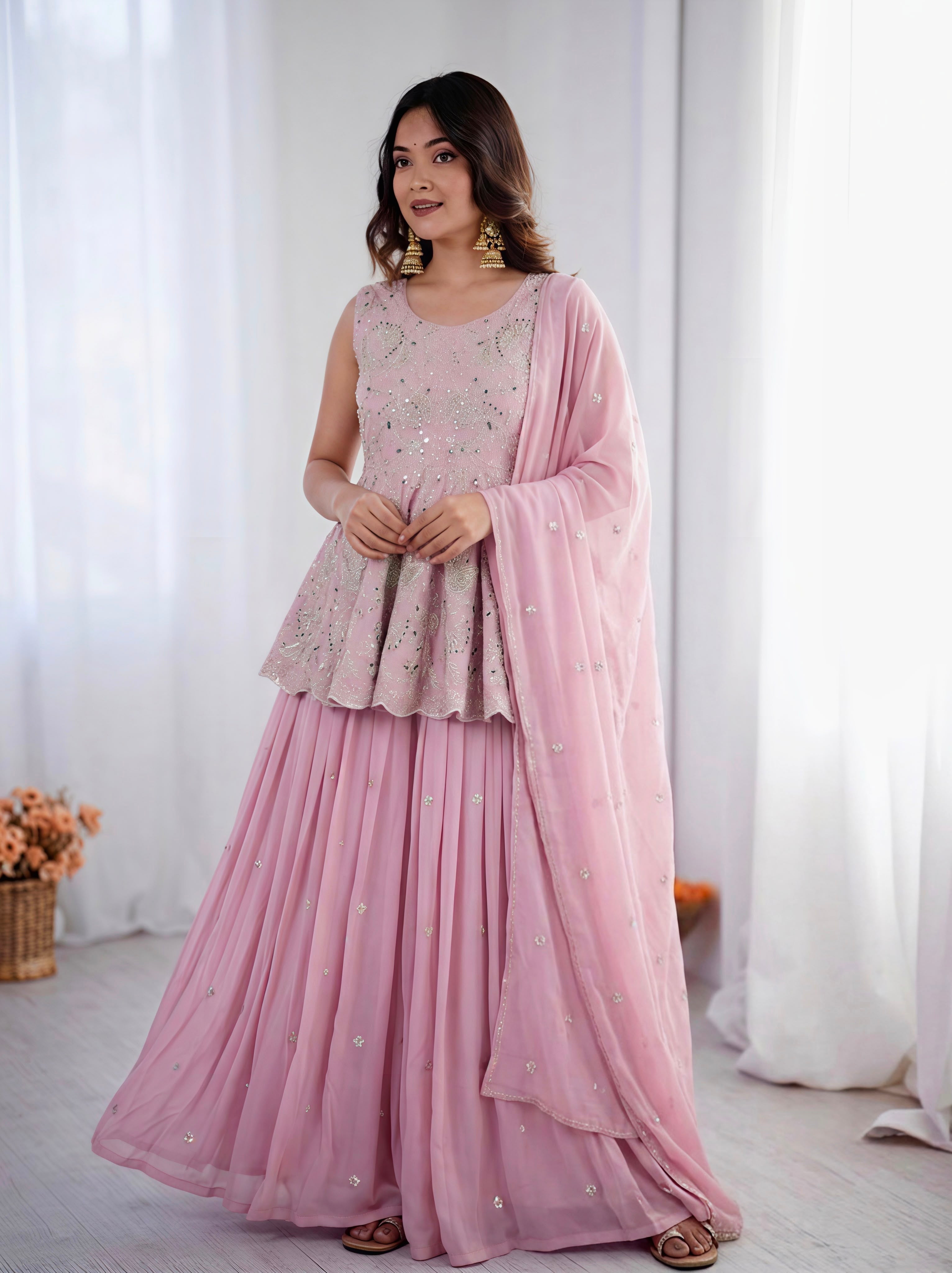 Women's Baby Pink Embroidered Peplum Kurti with Flared Sharara & Dupatta | Party Wear Ethnic Set