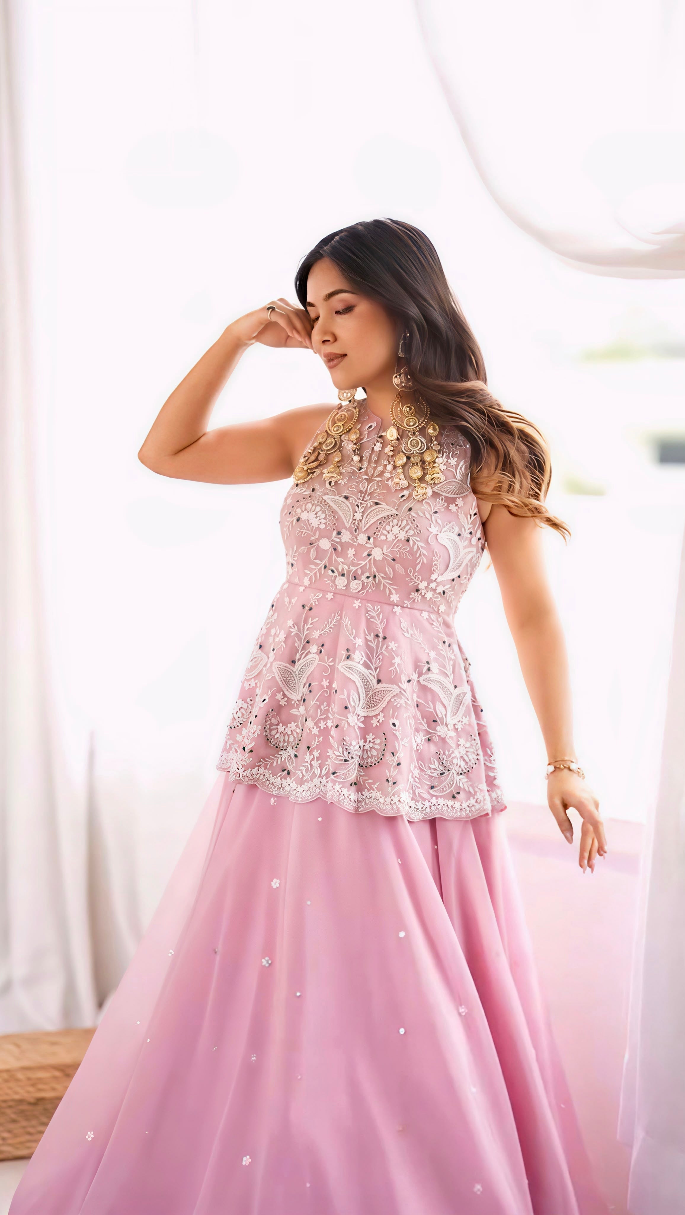 Women's Baby Pink Embroidered Peplum Kurti with Flared Sharara & Dupatta | Party Wear Ethnic Set