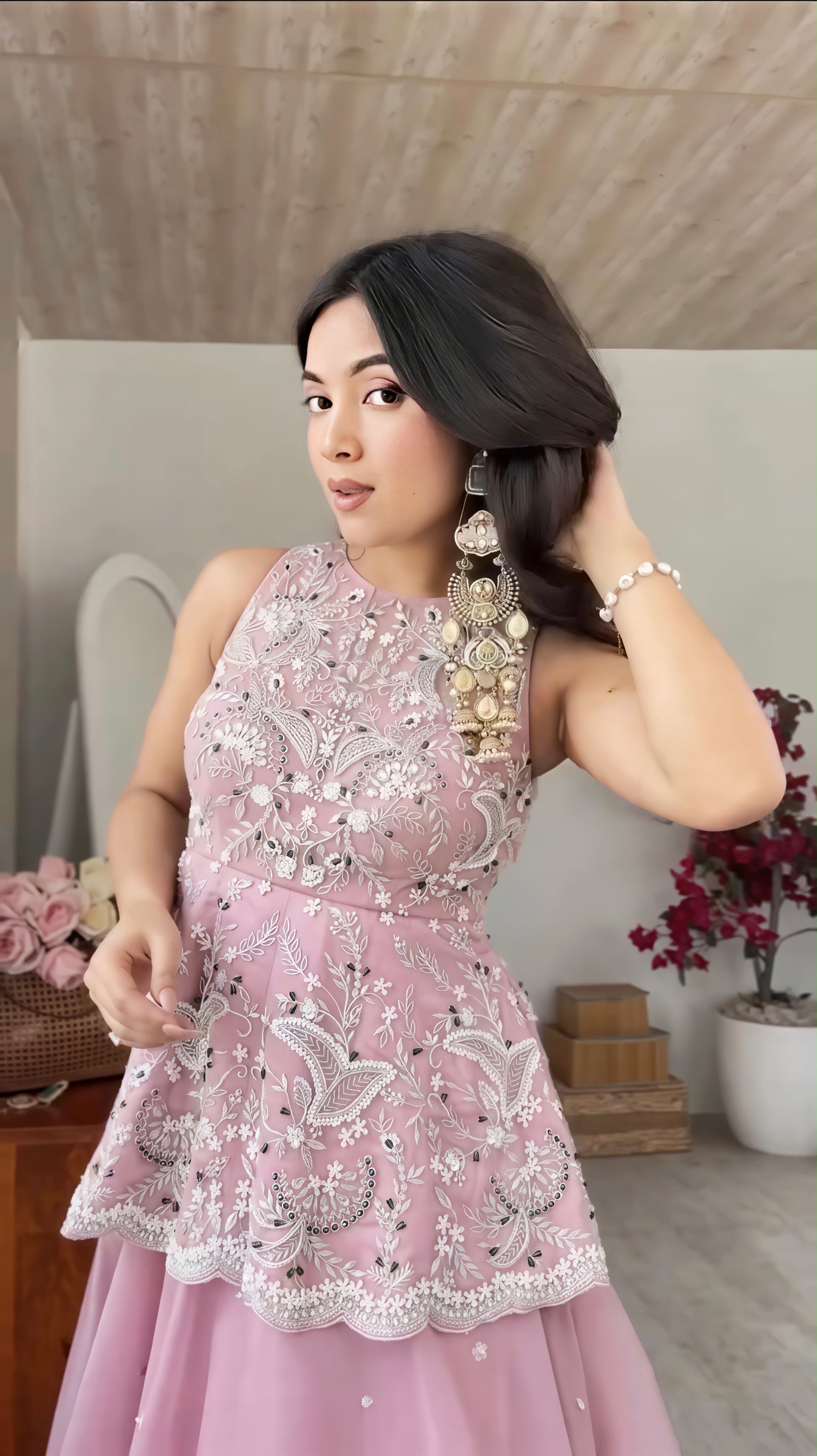 Women's Baby Pink Embroidered Peplum Kurti with Flared Sharara & Dupatta | Party Wear Ethnic Set