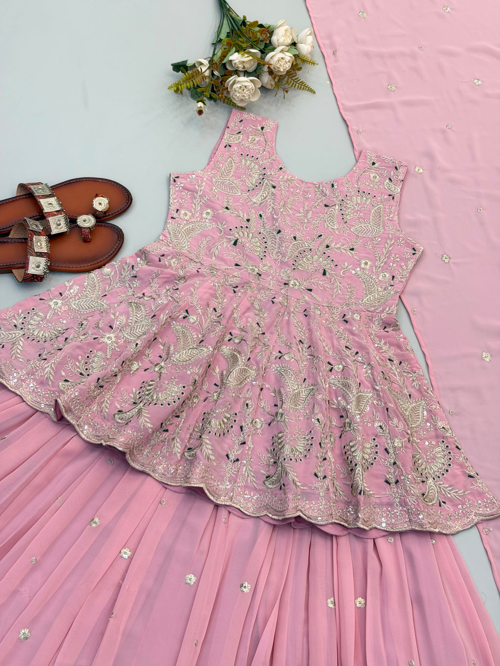 Women's Baby Pink Embroidered Peplum Kurti with Flared Sharara & Dupatta | Party Wear Ethnic Set