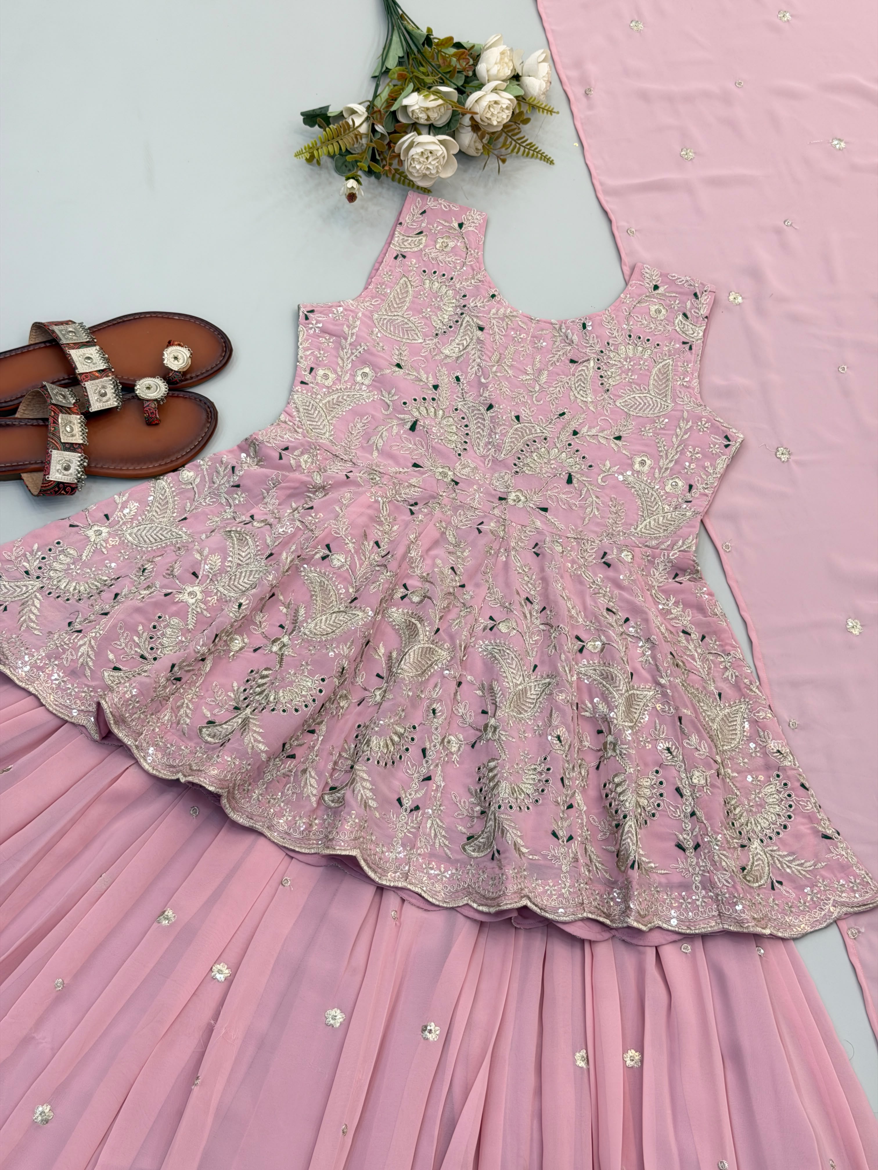Women's Baby Pink Embroidered Peplum Kurti with Flared Sharara & Dupatta | Party Wear Ethnic Set