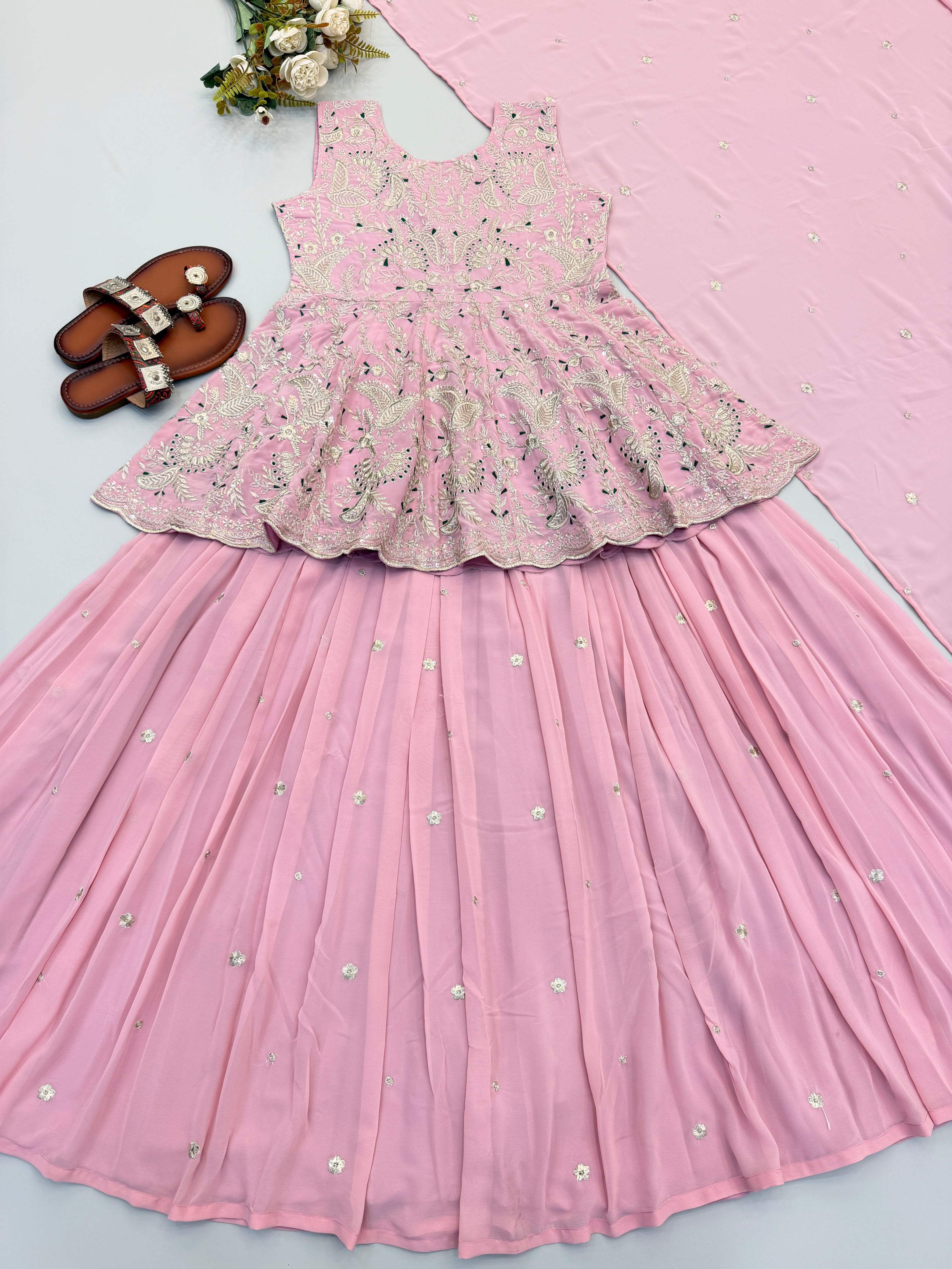 Women's Baby Pink Embroidered Peplum Kurti with Flared Sharara & Dupatta | Party Wear Ethnic Set