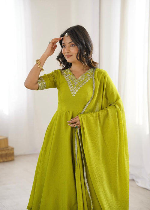 Aadhya  Heavy Chinon Silk Embroidered Suit Set | Sequin & Thread Work Top with Plazo & Lace Dupatta | Ready to Wear