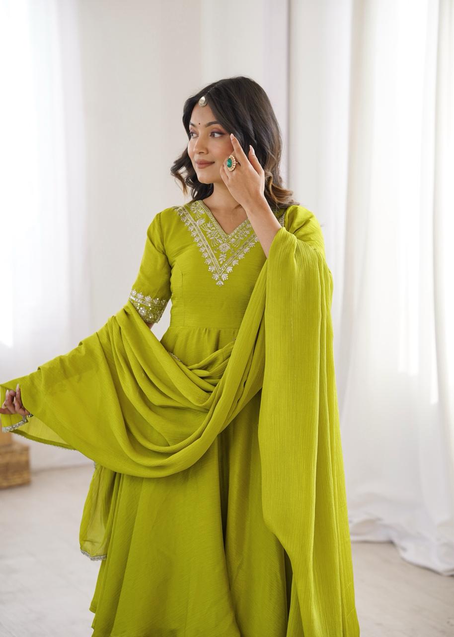Aadhya  Heavy Chinon Silk Embroidered Suit Set | Sequin & Thread Work Top with Plazo & Lace Dupatta | Ready to Wear