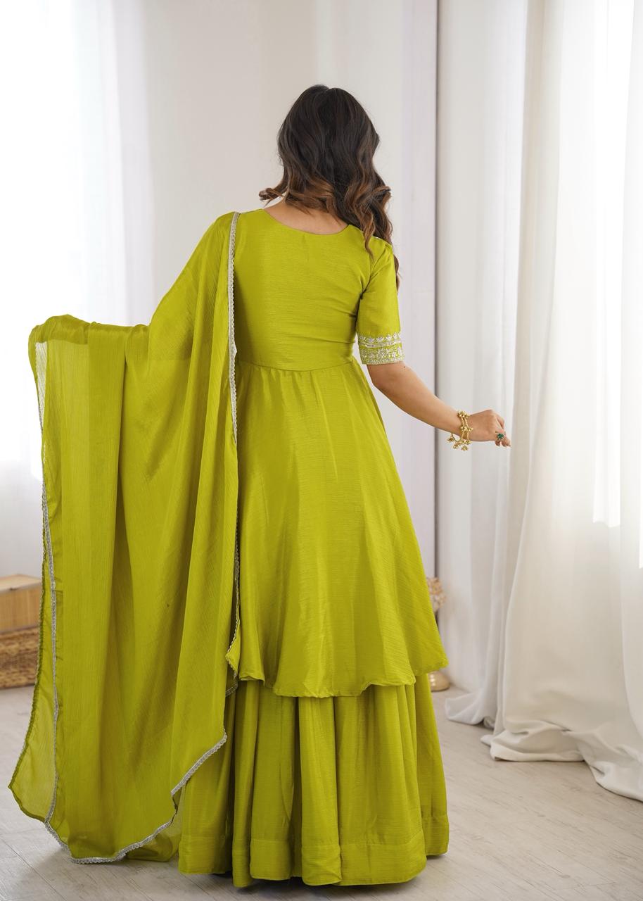 Aadhya  Heavy Chinon Silk Embroidered Suit Set | Sequin & Thread Work Top with Plazo & Lace Dupatta | Ready to Wear