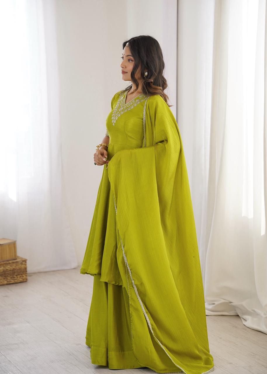 Aadhya  Heavy Chinon Silk Embroidered Suit Set | Sequin & Thread Work Top with Plazo & Lace Dupatta | Ready to Wear