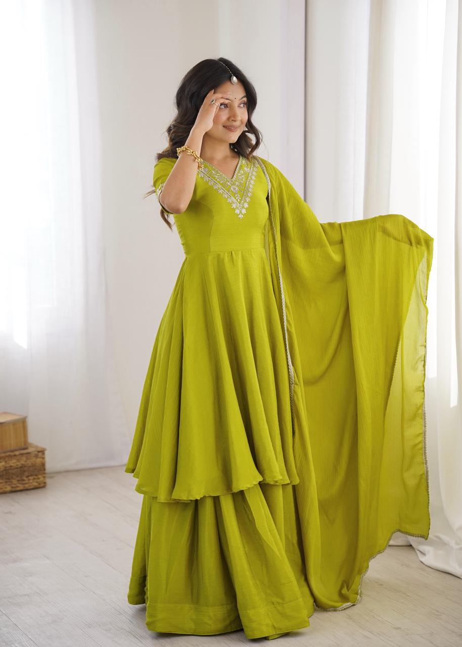 Aadhya  Heavy Chinon Silk Embroidered Suit Set | Sequin & Thread Work Top with Plazo & Lace Dupatta | Ready to Wear