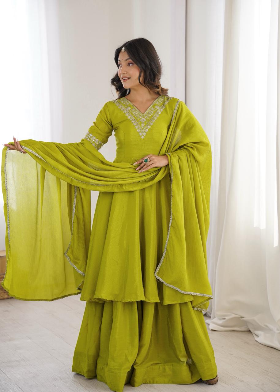 Aadhya  Heavy Chinon Silk Embroidered Suit Set | Sequin & Thread Work Top with Plazo & Lace Dupatta | Ready to Wear