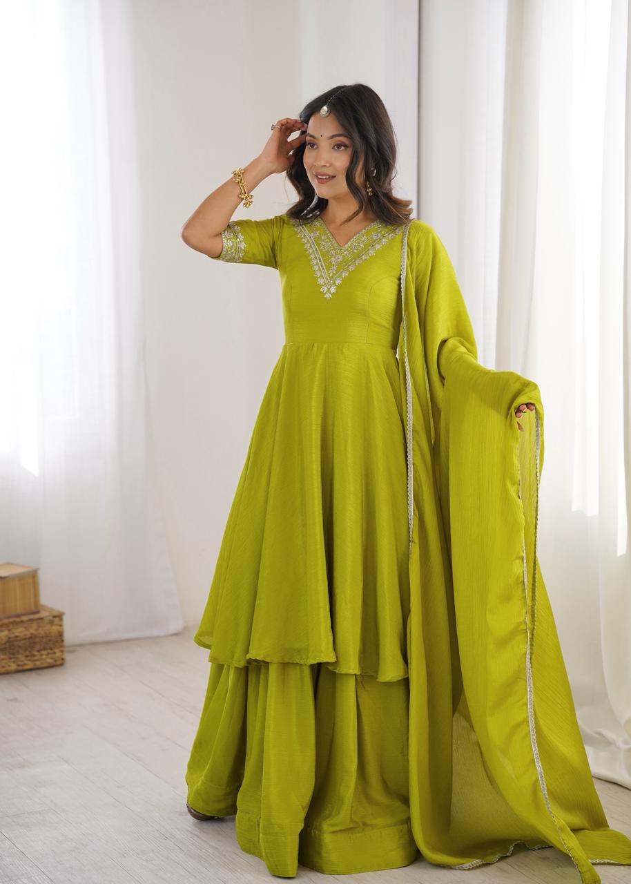 Aadhya  Heavy Chinon Silk Embroidered Suit Set | Sequin & Thread Work Top with Plazo & Lace Dupatta | Ready to Wear