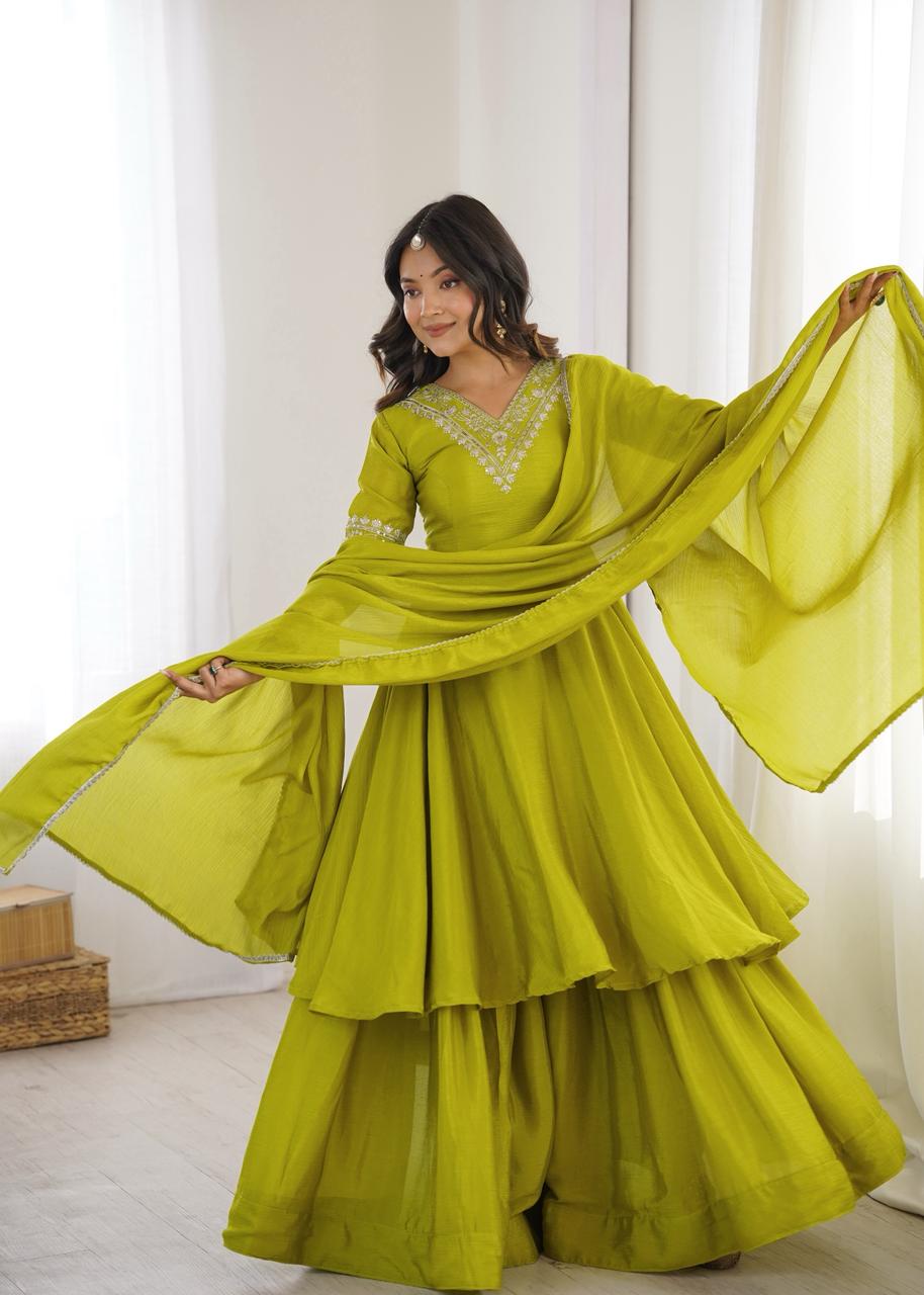 Aadhya  Heavy Chinon Silk Embroidered Suit Set | Sequin & Thread Work Top with Plazo & Lace Dupatta | Ready to Wear